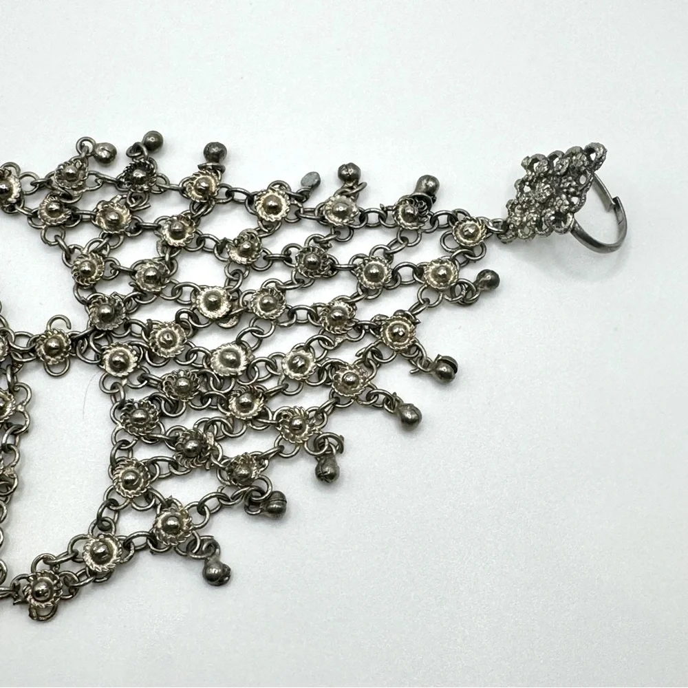 Vintage 80s Chain Mail Boho Goth Bracelet Hand Jewelry - Picture 2 of 5
